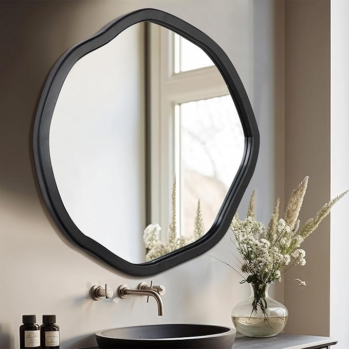 ULIKE Round Wood Mirror, 30 Inch Black Asymmetrical Circle Vanity Mirror - Image 4