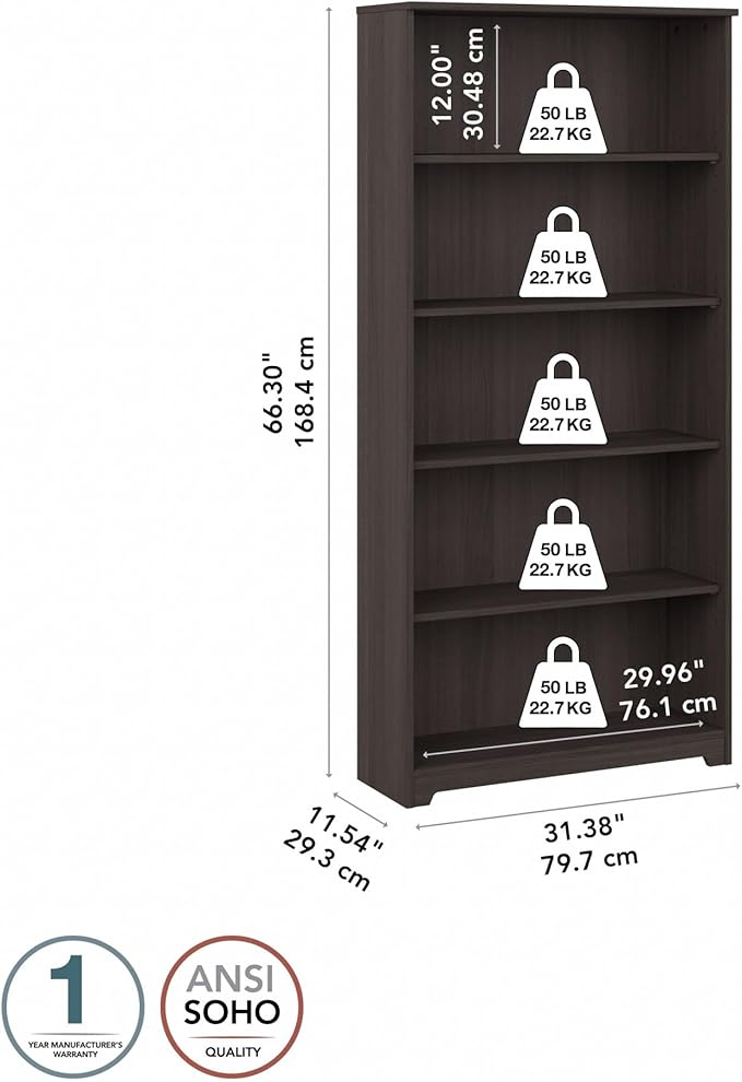 Bush Furniture Cabot Tall 5 Shelf Bookcase | Large Open Bookshelf in Heather - Image 3