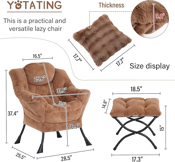 Lazy Chair with Ottoman, Comfy Reading Chair with Footstool & Throw Pillow - Image 3