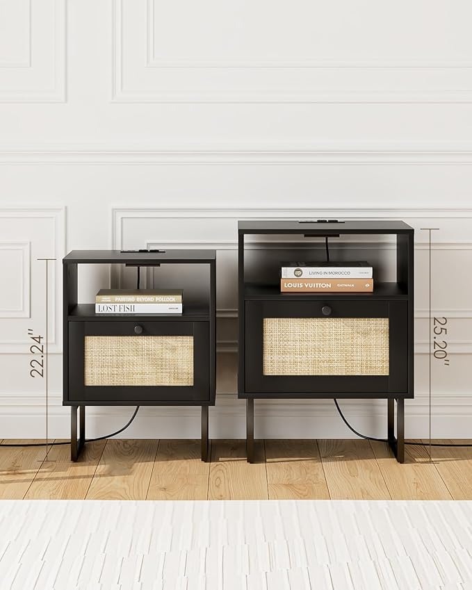 Rattan Nightstand with Charging Station, Mid Century Modern Night Stand - Image 4