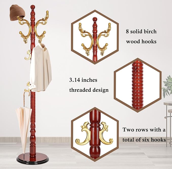 Coat Rack Stand, Solid Wooden Coat Tree - Image 5