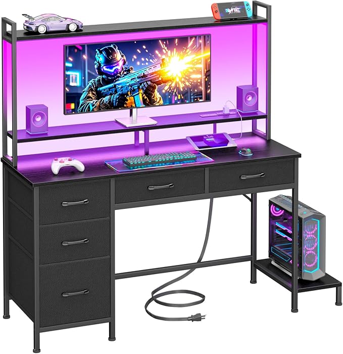 Computer Gaming Desk with Hutch, Home Office Desk with Power Outlets, LED Light by Korfile