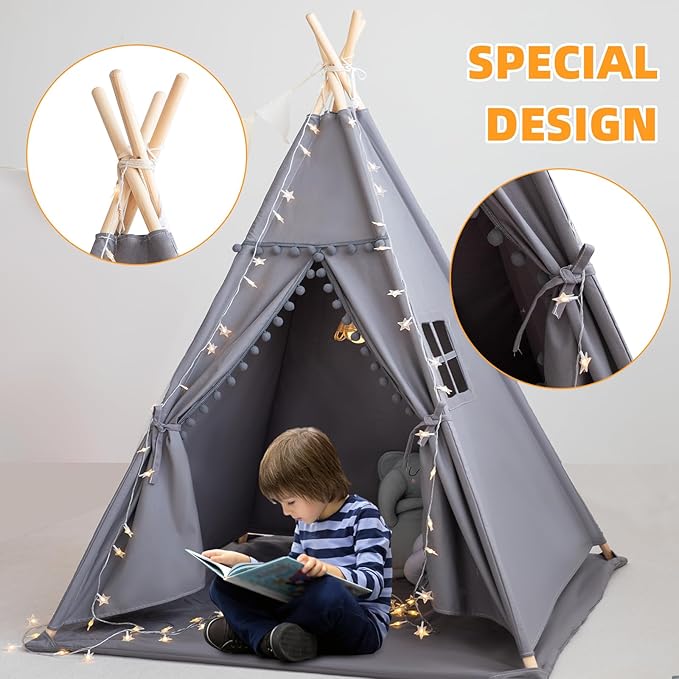 Teepee Tent for Kids with Mat, Star Lights, Carry Case, Cotton Canvas Playhouse - Image 6