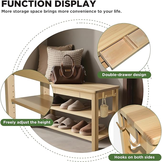 Wood Shoe Bench Entryway with Drawer: 2-Tiers Wooden Storage Shoe Rack with - Image 4