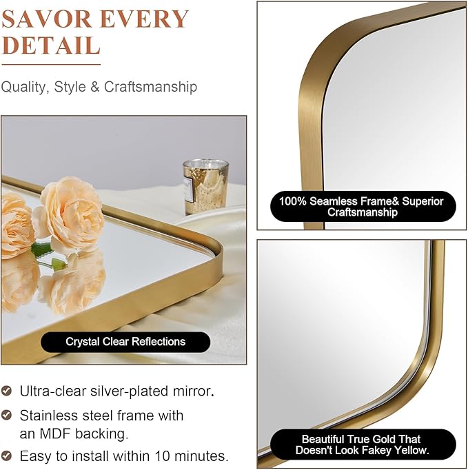 ANDY STAR Gold Bathroom Mirror, 24x36 Brushed Brass Rectangle Metal Frame Mirror - Image 9