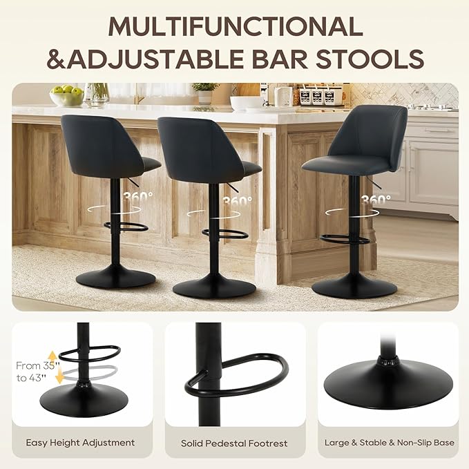 COLAMY Bar Stools Set of 4, Modern Swivel Bar Chairs, Adjustable PU Leather - Image 4