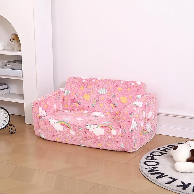 Foldable Kids Sofa Extra Wide for 2 Seats, Soft Kids Fold Out Couch Glow in The - Image 7