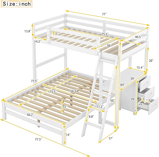 Twin Over Full Bunk Bed with Built-in Desk and Three Drawers, Pine Wood - Image 2