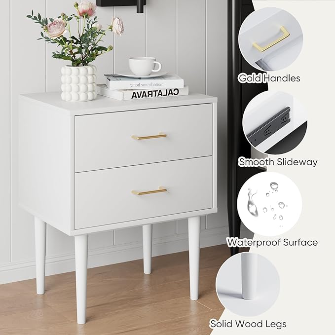 White Nightstand with 2 Drawers, Mid-Century Modern End Table, Wood Night Stand - Image 3