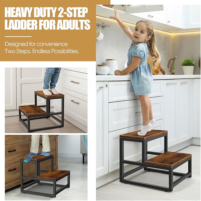 Wood and Metal 2 Step Stool for Adults & Kids – Heavy Duty Rustic Step Stools - Image 4