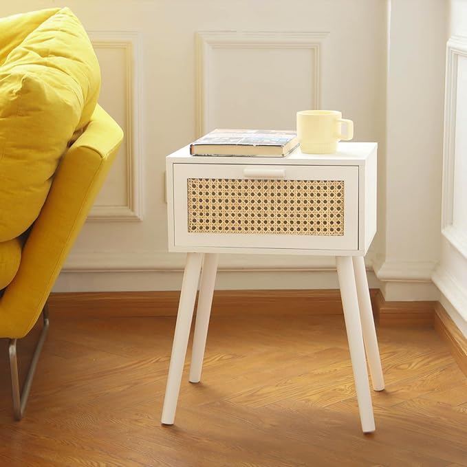 AWASEN White Rattan Nightstand, Modern Bedside Table by AWASEN