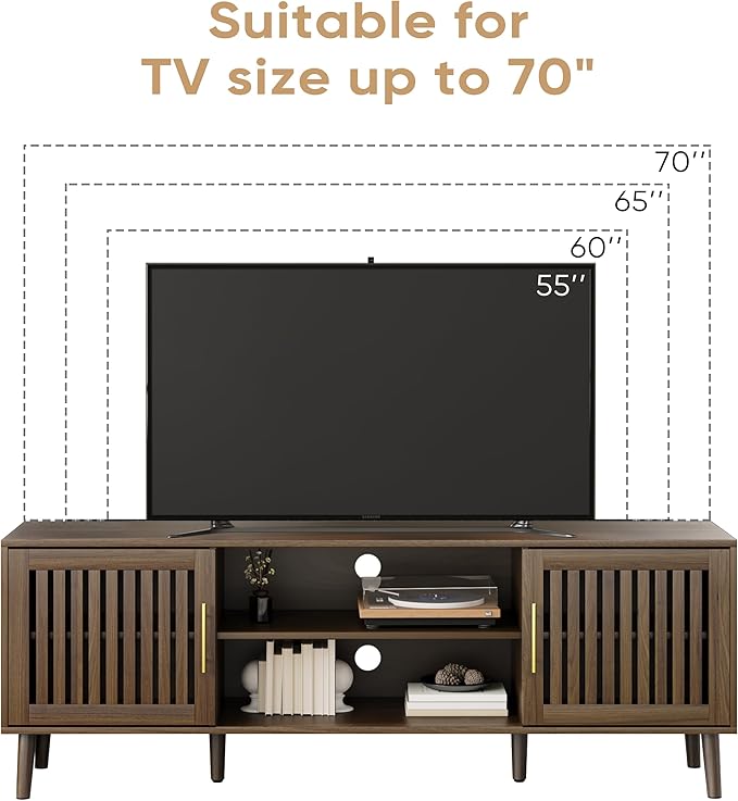 Smuxee Walnut TV Stand with Grille Striped Design, 62.99" Mid Century Modern TV - Image 6