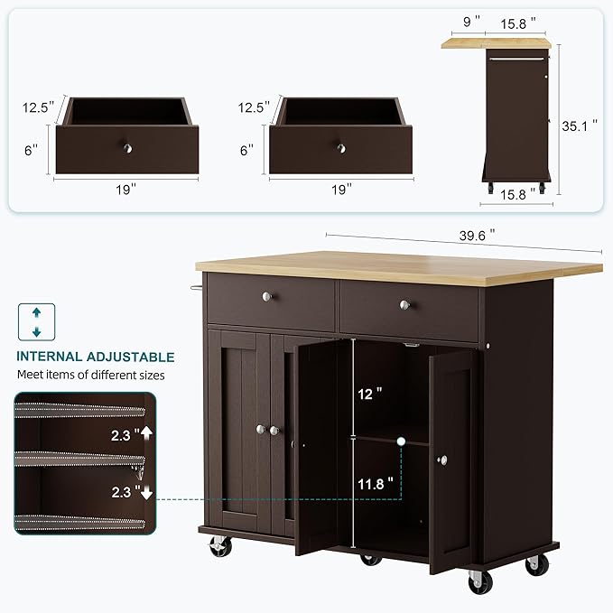 Shintenchi Kitchen Island with Drop Leaf, Rolling Kitchen Cart with Storage on - Image 3