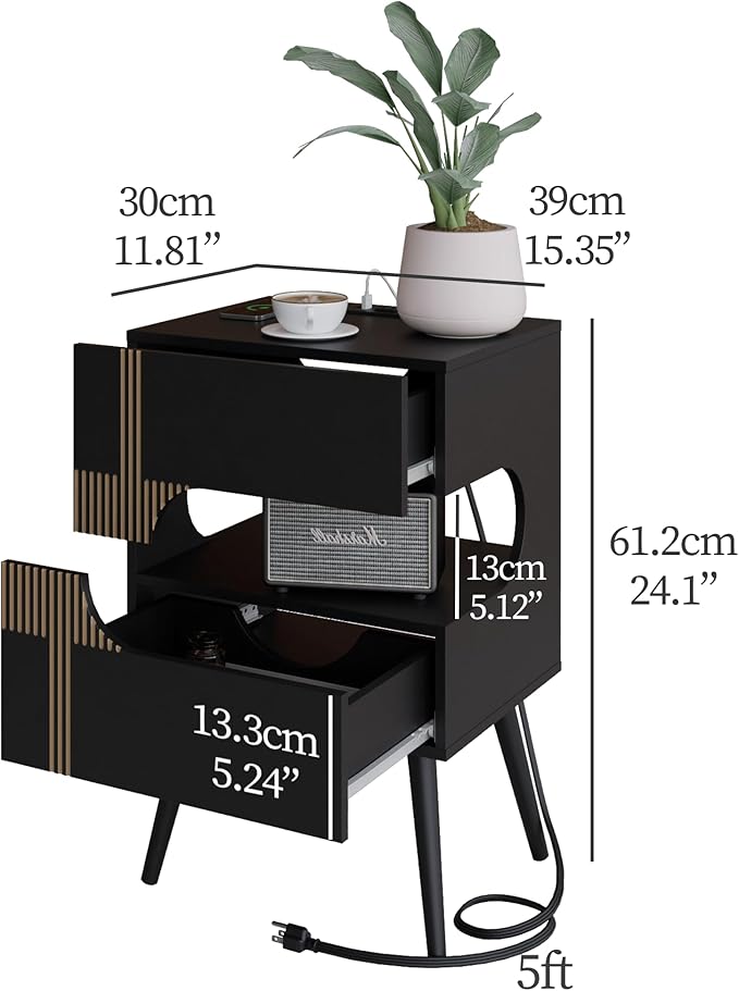 Black Nightstand with Charging Station and LED Lights, Modern Bedside Table - Image 2