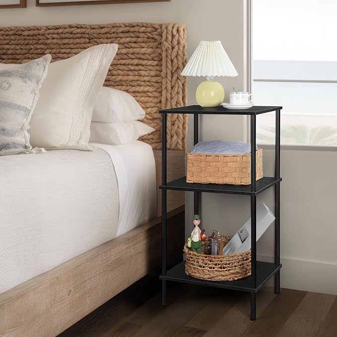 Tall Side Table with Storage 3 Tier Black End Table Metal Storage Shelves - Image 6