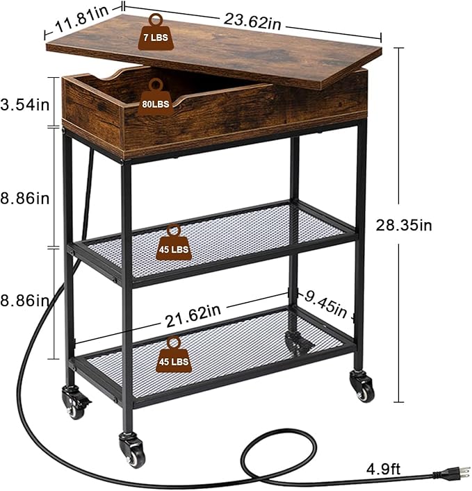 Hadulcet End Table with Charging Station, Couch End Tables Rotating Top Skinny - Image 3