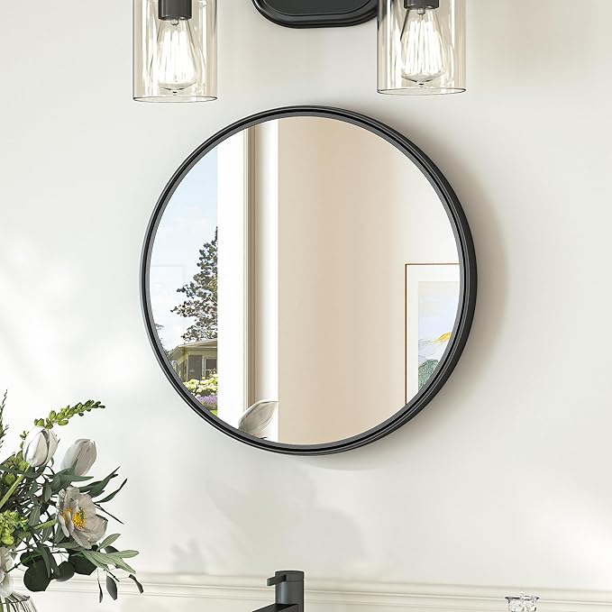 TokeShimi 16 in Round Black Bathroom Mirror Framed, Modern Circle Wall Mirror by RefinedBathroomAccessories