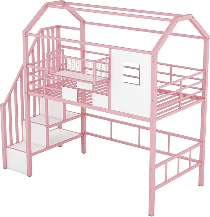 Twin Size Metal Loft Bed with roof Design and a Storage Box, House Shaped - Image 6