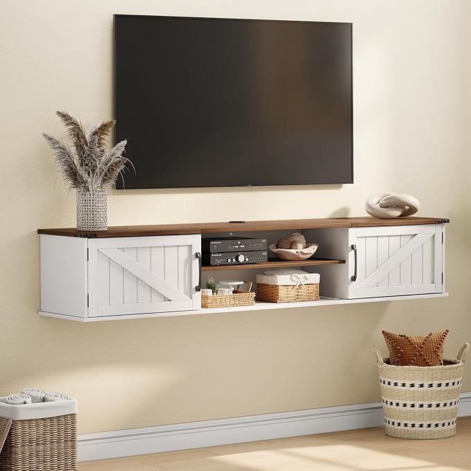 Floating TV Stand with Doors, 2 Tier Wall Mounted TV Stand, Floating by ALLSTAND