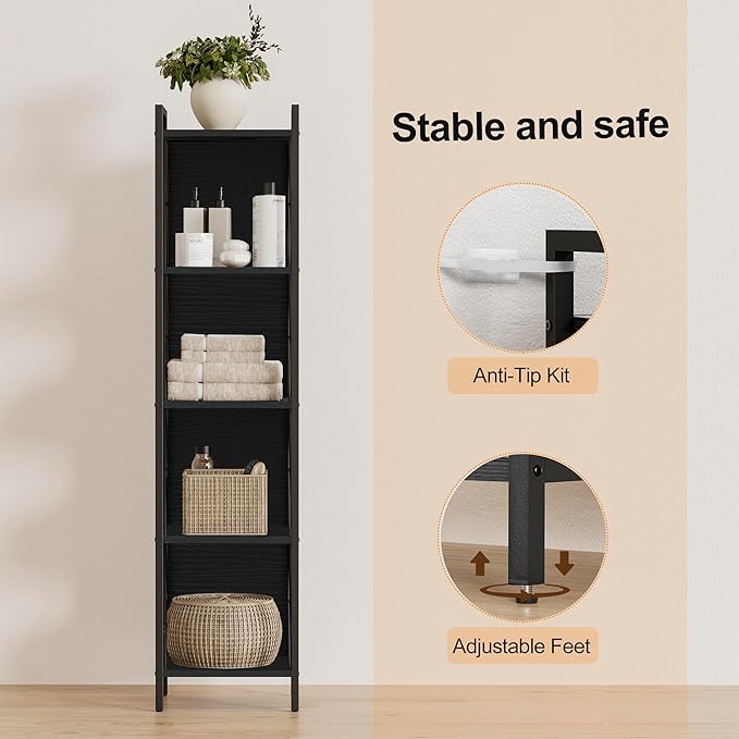 Homhedy 5 Tier Bookshelf Bookcase, Tall Narrow Bookshelf - Image 5