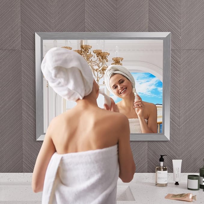 Amorho 40x32 Inch Bathroom Mirror Silver, Thick Metal Framed Wall Mirrors - Image 6