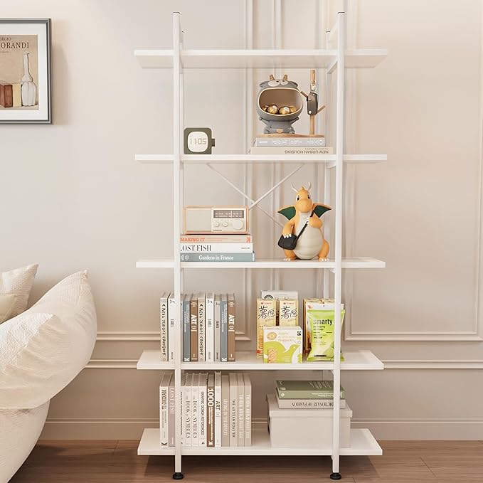 Bookshelf 5 Tiers White Wooden Storage Shelf, Modern Open Display Storage by EternalHome