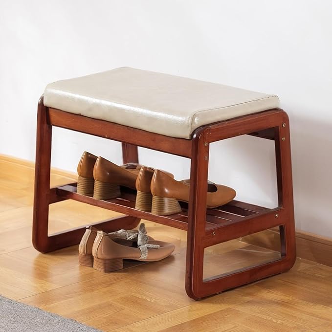 Solid Wood Shoe Bench, 2-Tier Wooden Entryway Bench, Modern Shoe Rack by SOBIBO