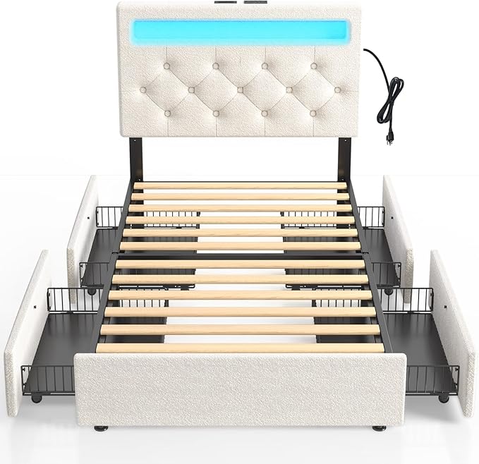 Rolanstar Twin Bed Frame with 4 Storage Drawers and Charging Station, Twin Bed by Rolanstar