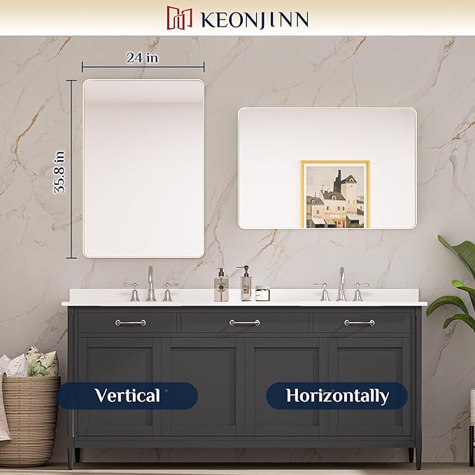 Keonjinn Brushed Nickel Mirror 24” x 36” Silver Bathroom Mirror - Image 8