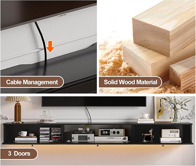 Retro Floating TV Console with 3 Doors, Wall Mounted TV Cabinet, Contemporary - Image 9