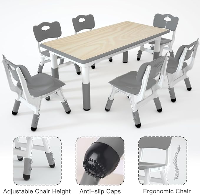 Kids Table and 6 Chairs Set，Height Adjustable Children Table & Chair，Toddlers - Image 4