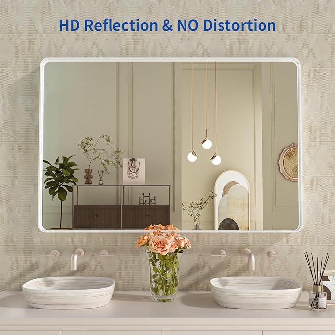 WEER White Bathroom Mirror 48X30 Inch, Rounded Rectangle White Metal Frame - Image 2