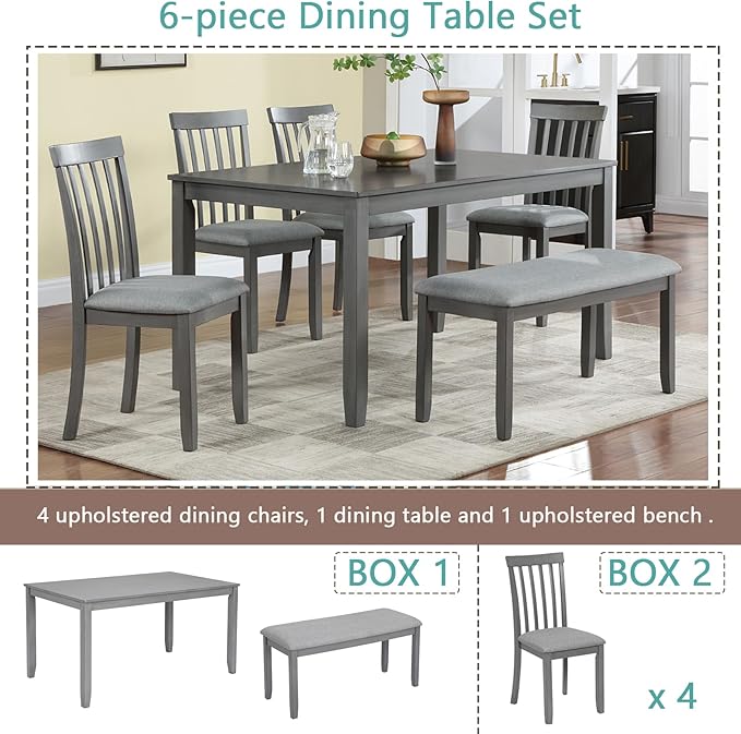soges 6 Piece Kitchen Dining Table Set, Rectangular Wooden Dining Table - Image 2