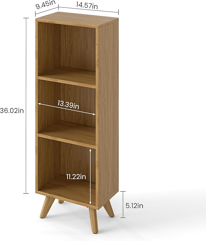 Manora Small Bookcase with 3 Open Shelves, Modern Bookshelf with Wooden Legs - Image 3