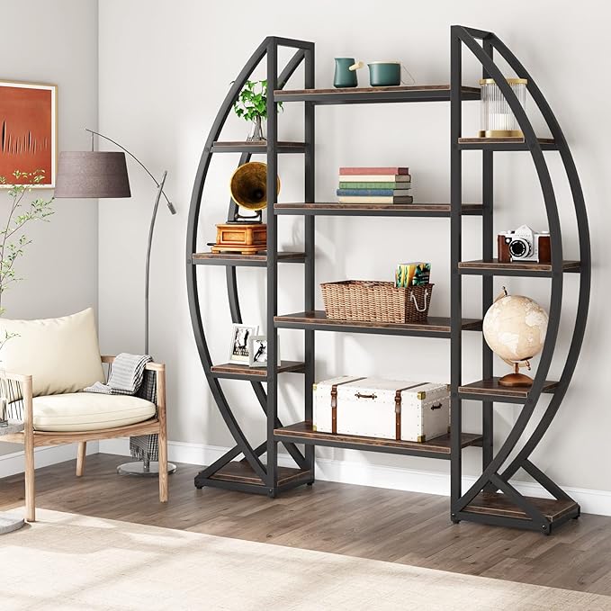Tribesigns Oval Bookshelf, Triple Wide 5 Tier Etagere Bookcase, Industrial - Image 3