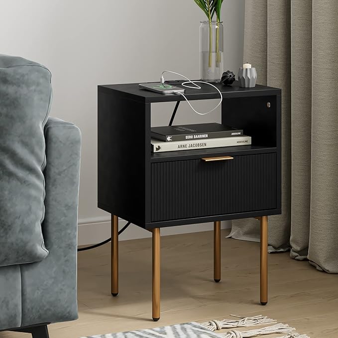 Masupu Nightstand with Charging Station, Mid-Century Modern Bedside Table with - Image 6