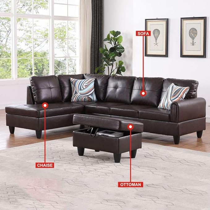 Brown L-Shaped 3-Piece Faux Leather Sofa - Image 3