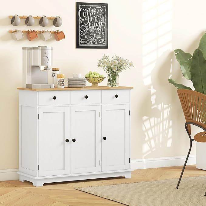 HOMCOM Sideboard with Solid Wood Countertop, Modern Kitchen Storage Cabinet - Image 8