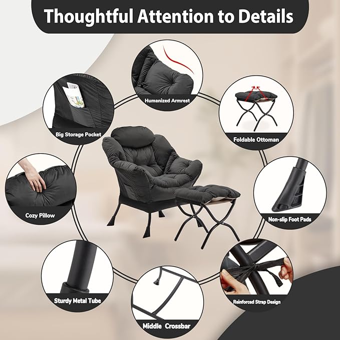 Lazy Chair with Folding Ottoman, Accent Chair Velvet Upholstered with Metal - Image 6