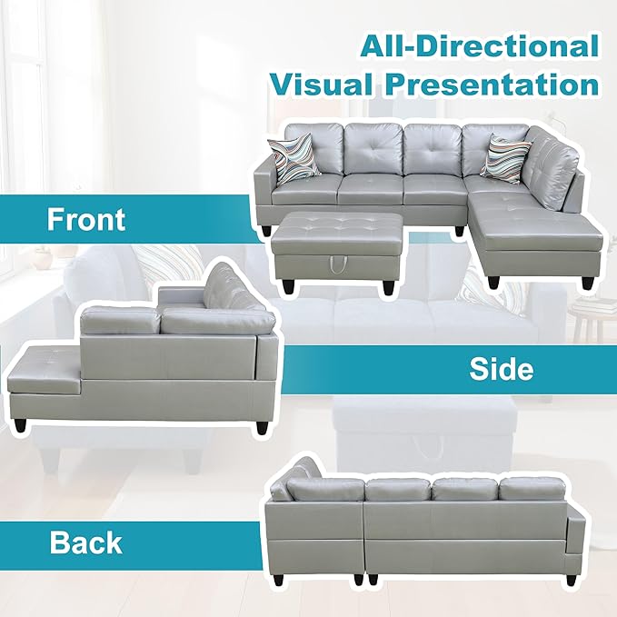 Couches for Living Room PU Leather L Shaped Couch Comfy 3 Pieces Sectional Sofa - Image 6