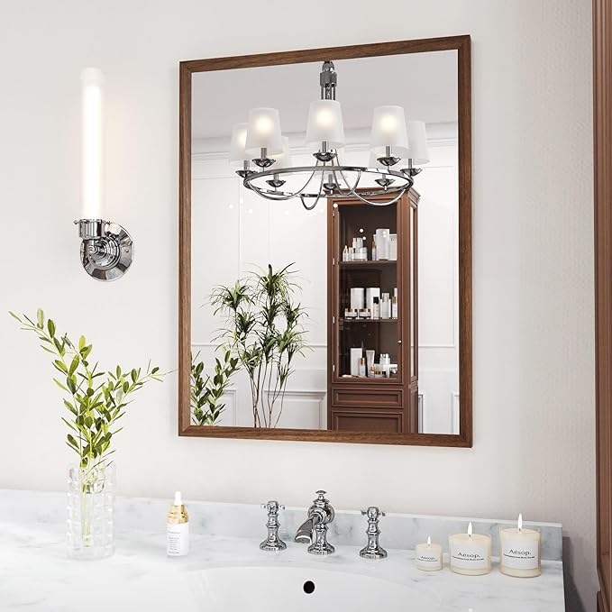 WEER Walnut Bathroom Mirror, Walnut Framed Mirror 22X30 Inch, Rectangle Wall by WEER