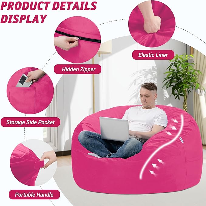 3FT Bean Bag Chair with Ultra Soft Velvet Cover Bean Bag Sofa with Memory Foam - Image 4