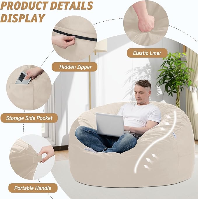 3FT Bean Bag Chair with Ultra Soft Velvet Cover Bean Bag Sofa with Memory Foam - Image 4