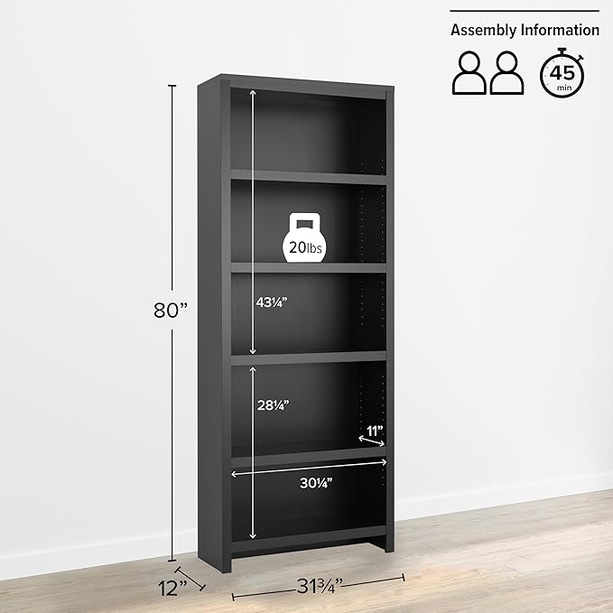 Prepac Moda 5-Tier Tall Wooden Bookcase, Display Cabinet, Bookshelf - Image 3