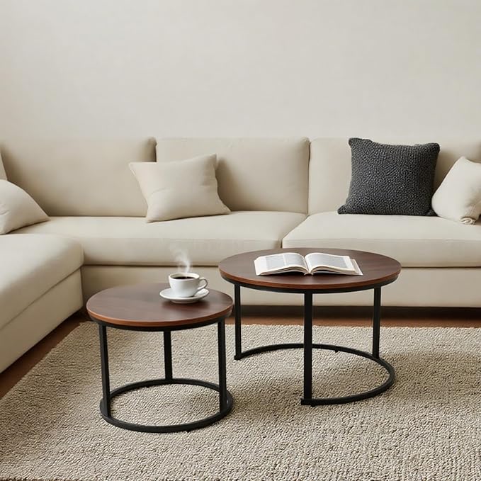 FAHKNS Nesting Coffee Table Set of 2, 27.56" & 19.68" Round Simple Industrial by FAHKNS