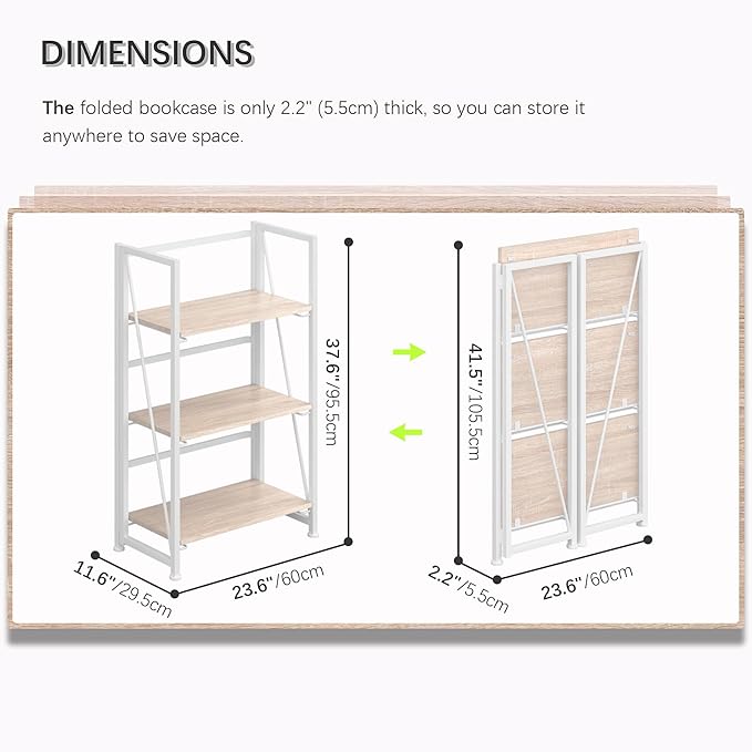 4NM No-Assembly Folding Bookshelf Storage Shelves 3 Tiers Vintage Bookcase - Image 2