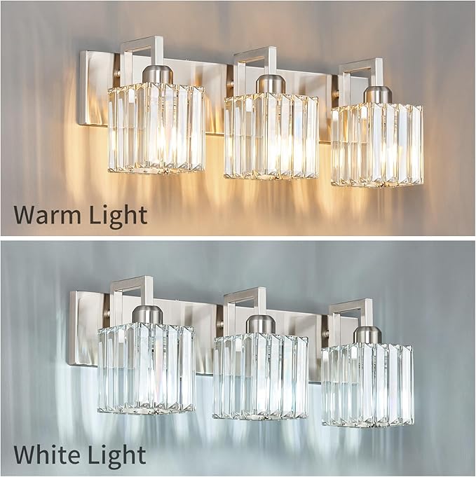 Modern Bathroom Vanity Light 3-Lights Brushed Nickel Vanity Light Crystal Wall - Image 4
