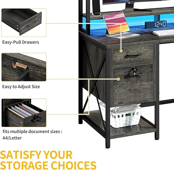 DWVO Computer Desk with Drawers & Hutch, 59.1" Office Desk with Power Outlets & - Image 6