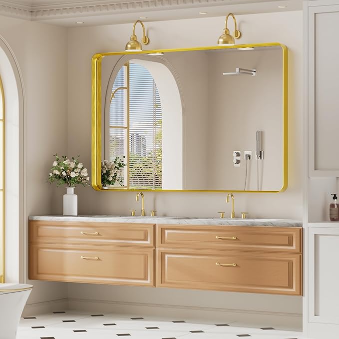 Koonmi Gold Wall Mirror for Bathroom, 36x55 Inch Matte Deep Framed Rounded - Image 7