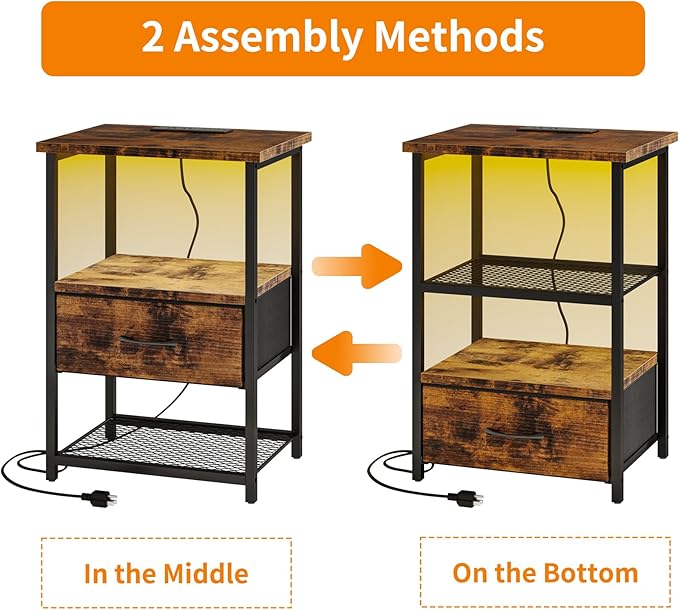 Fixwal Night Stand with Charging Station, LED Nightstand with Fabric Drawers - Image 6